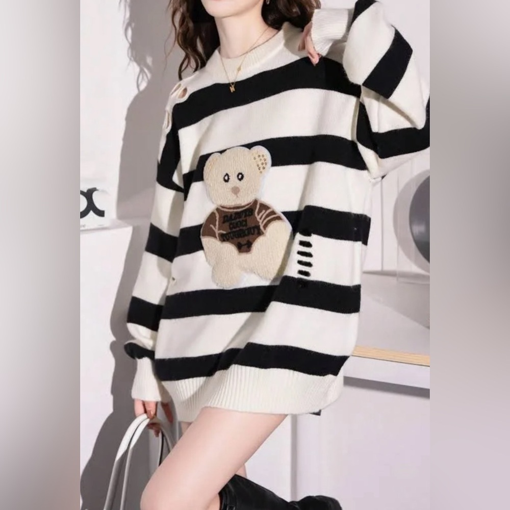 Distressed Oversized Striped Sweater With Sequined Bear